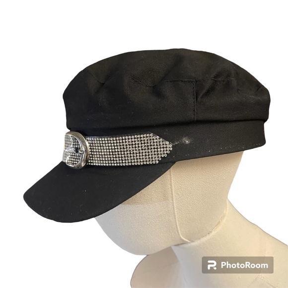 Bling Biker Hat Jeweled Buckle Black Cotton Pageboy Style - Picture 2 of 6